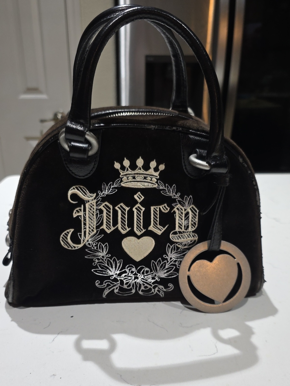 Juicy Couture Y2K  Brown  Velvet  Dome Satchel with Gold Heart Medallion